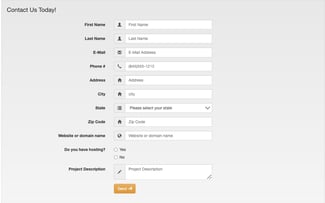 contact form with first name, last name, email, phone number, address, city, state, zip code, website, project description