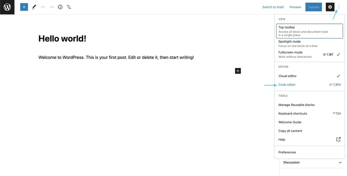 Image showing where to get to the code editor in WordPress