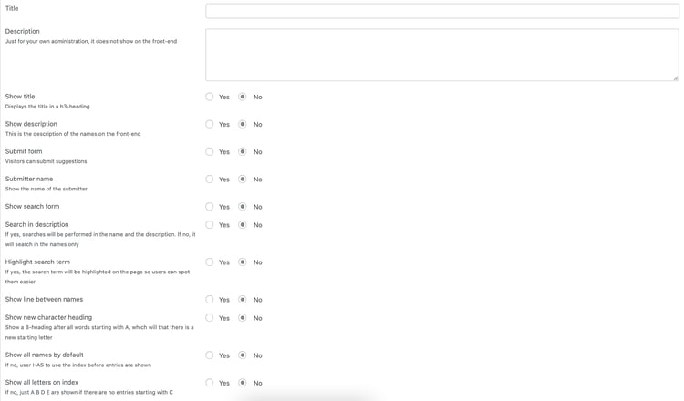 options for title, description, show title, show description, submit form, submitter name, show search form, search in description, highlight search term, show line between names, show new character heading, show all names by default, show all letters on index, and more not in image