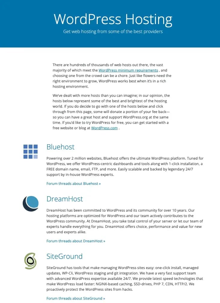 Hosting Options from Bluehost, DreamHost, and SiteGround
