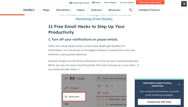 accessibility issues: image shows hubspot blog post on marketing blog and the headings reading '11 free email hacks to step up your productivity' and underneath '1. turn off your notifications or pause emails.' 