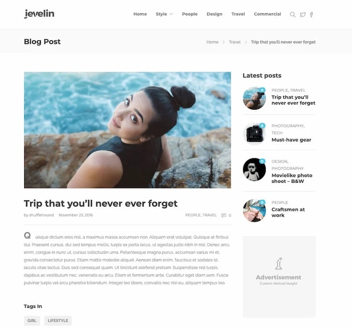 Jevelin wordpress theme demo with advertising space