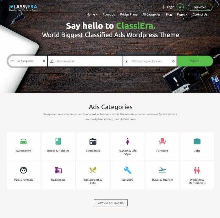 Classiera wordpress theme demo with advertising space