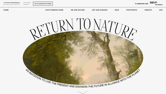 best natural websites homepage of museo nacional thyssen which showcases a circular video with trees and text reading 'return to nature.' 