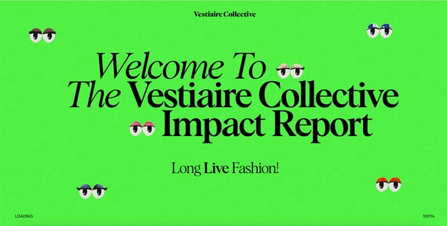 green websites: vestiaire collective impact report shows lime green background and googly eyes all around 