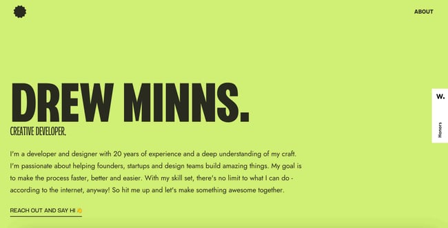 green websites drew minns portfolio site with lime green background 