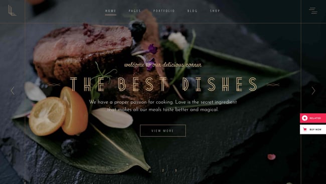 restaurant website templates laurent shows a steak with the copy over it that says ' the best dishes'