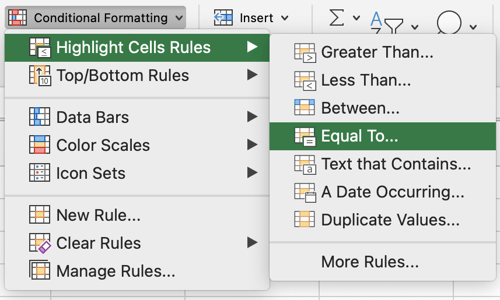 A screenshot of the Conditional Formatting drop-down menu.