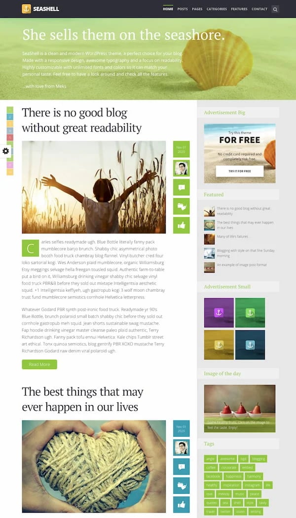 SeaShell WordPress theme demo with advertising space