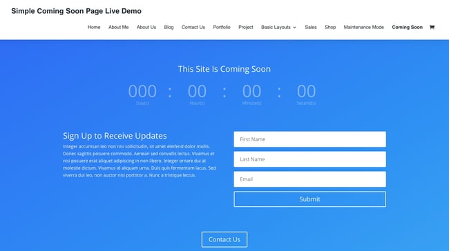 Simple Coming Soon template available with Divi Theme