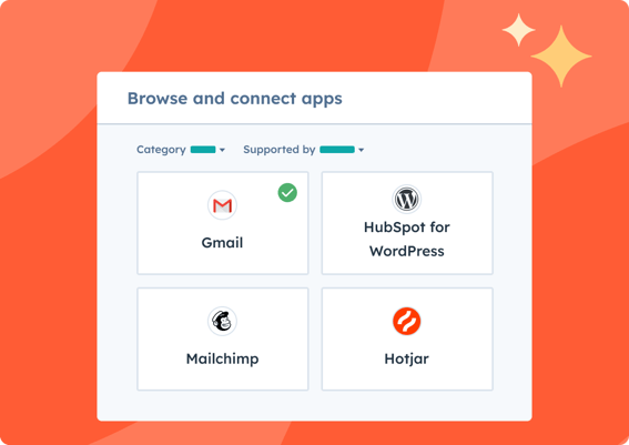 Shows a search for integrations within the HubSpot App Marketplace, displaying integrations for apps like Gmail, HubSpot for WordPress, Mailchimp, and Hotjar