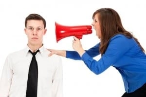 social media users desensitized: image shows woman with megaphone yelling at desensitized social media user