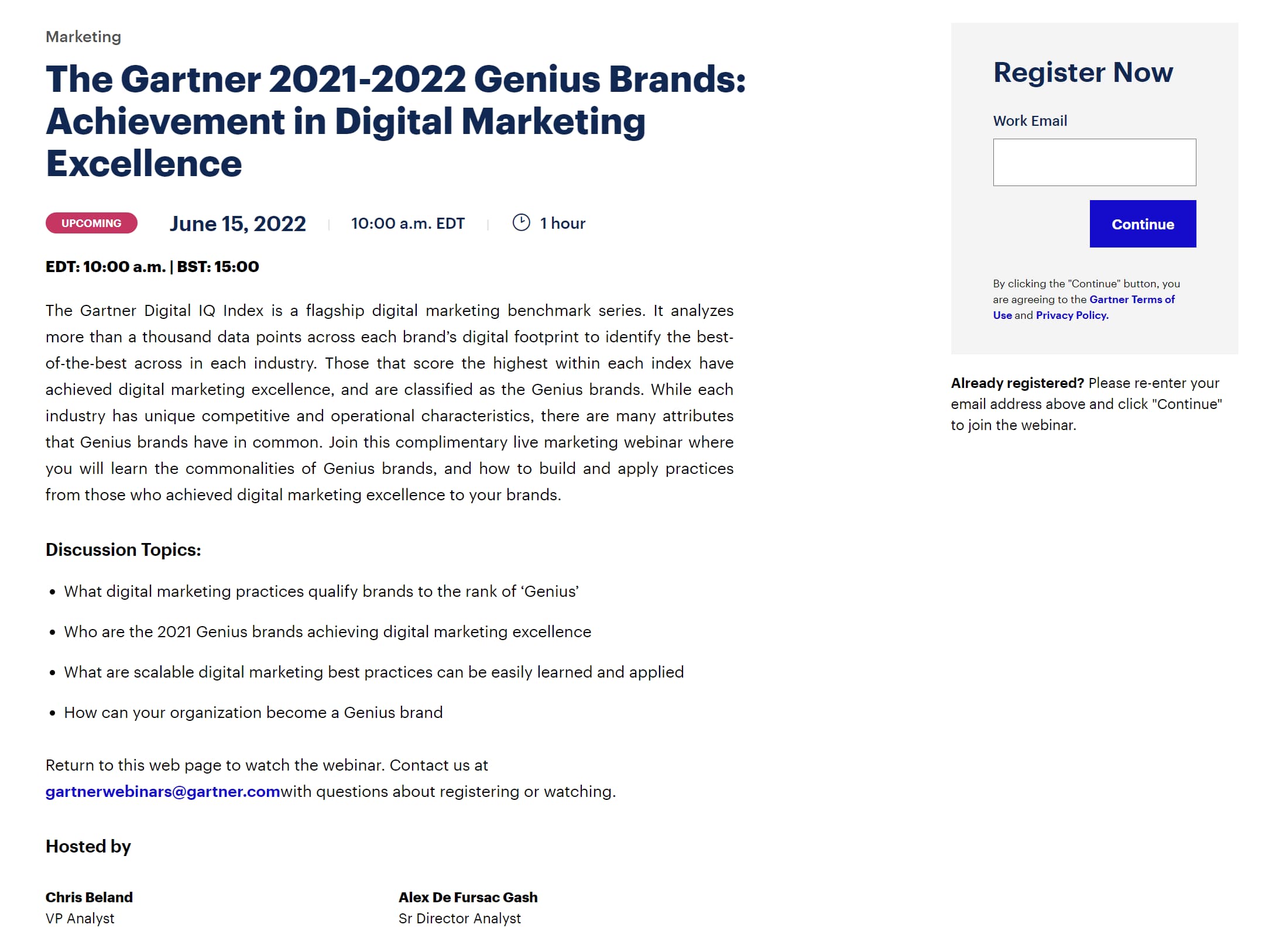 Webinar landing page example from Gartner