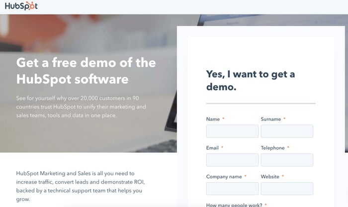 Example of a HubSpot form on a landing page.