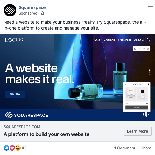 Squarespace targeted ad on Facebook