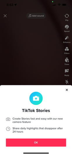 Tiktok stories announcement in tiktok app