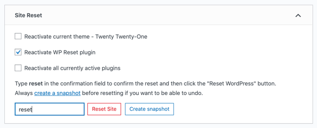 Type reset into Site Reset section of WP Reset plugin