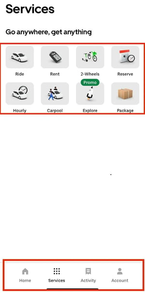 Uber uses icons to highlight services on their app.