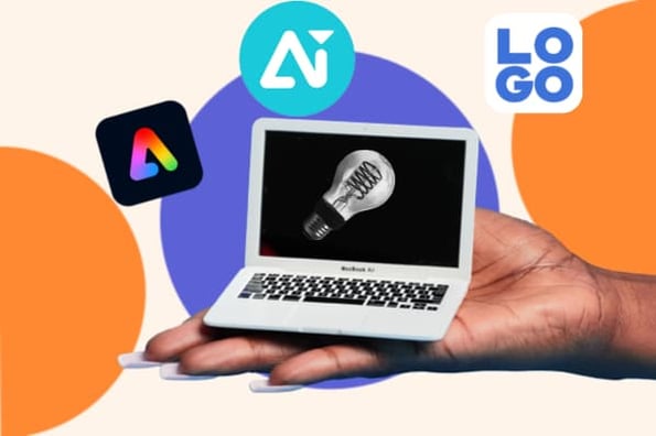 A hand holds a small laptop while the logos of different design platforms float around it.