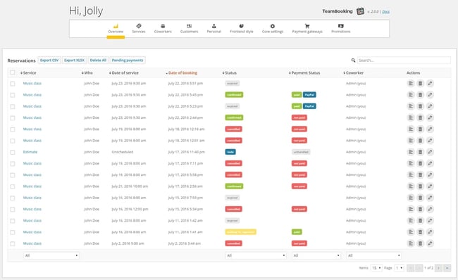 WordPress booking plugin: User looking at appointments in dashboard via Team Booking plugin