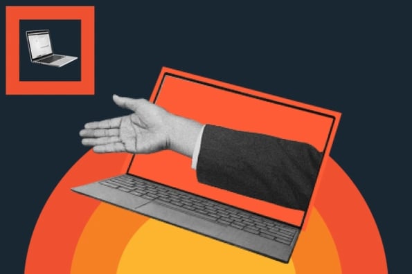 will ai replace web designers - image shows arm and hand reaching out of a laptop screen and a laptop in the top left hand corner of the picture