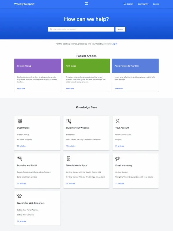 Weebly Support Center homepage