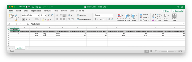 Un archivo XML abierto en Excel.