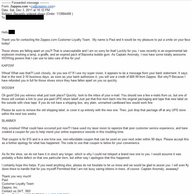 customer service email examples, Zappos