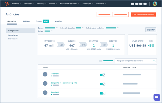 use a ferramenta de anúncios do Marketing Hub para concentrar seus esforços de ads na HubSpot