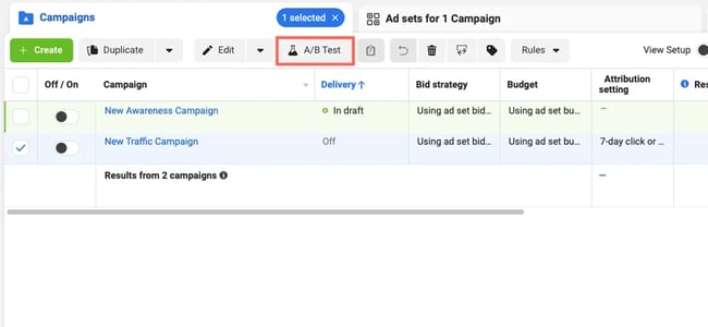 a/b testing on facebook: a/b test button on toolbar