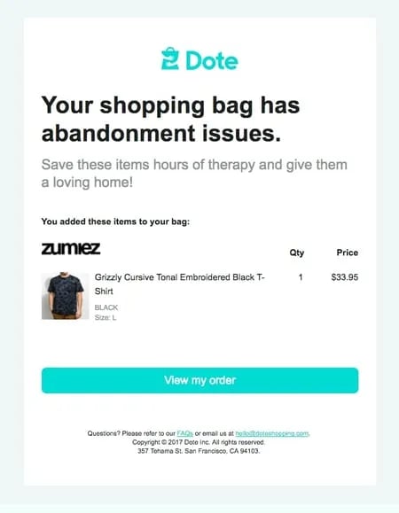 Dote uses humor in abandoned cart email.