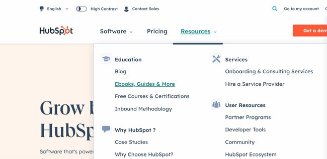 accessibility issues: image shows the hubspot submenu that pops up underneath resources, which you can navigate using the arrow keys. 