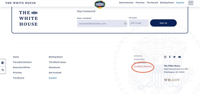 Accessibility statements: Shows the White House governmental site and how you can find accessibility statement on the footer. 