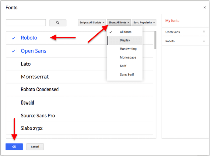 Window to add fonts in a Google Doc