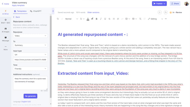 ai prompt example of repurposing content