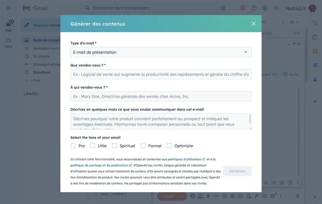 Génération d'un e-mail de prospection avec HubSpot AI