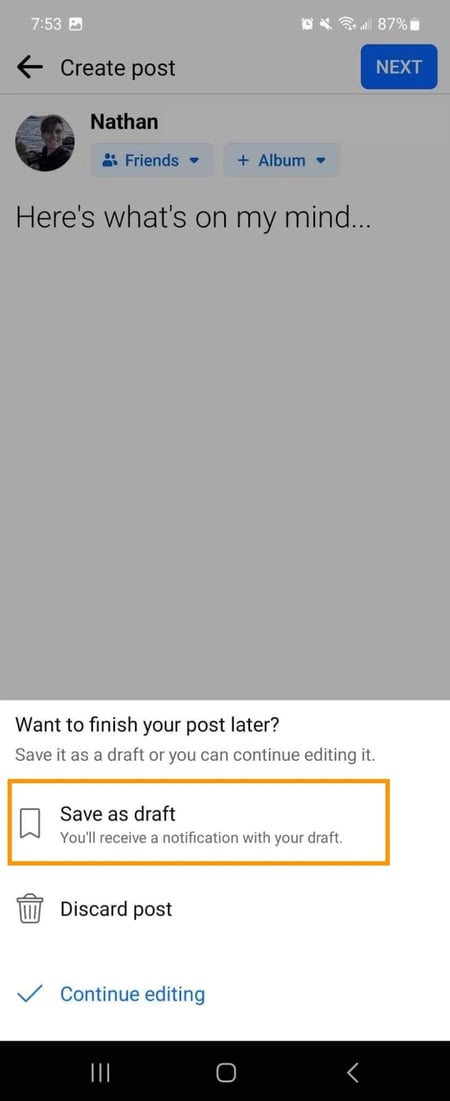 facebook mobile android, save draft