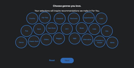 user onboarding examples: apple music onboarding favorite genre selection