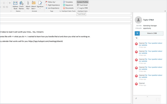 captura de tela da integração da HubSpot com o Outlook