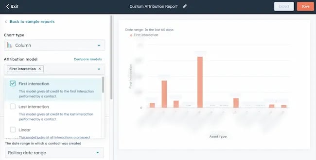 Marketing attribution data example, HubSpot