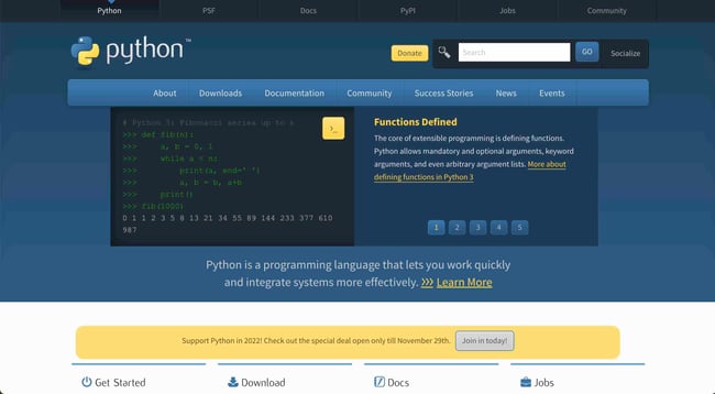 后端工具：Python 是后端 Web 开发人员构建复杂应用程序的流行语言。图片显示了 Python 主页