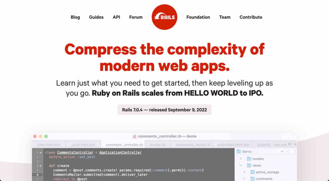 后端工具：ruby on rails。Ruby on Rails 为 Web 开发人员提供了用于前端和后端开发的全栈框架。