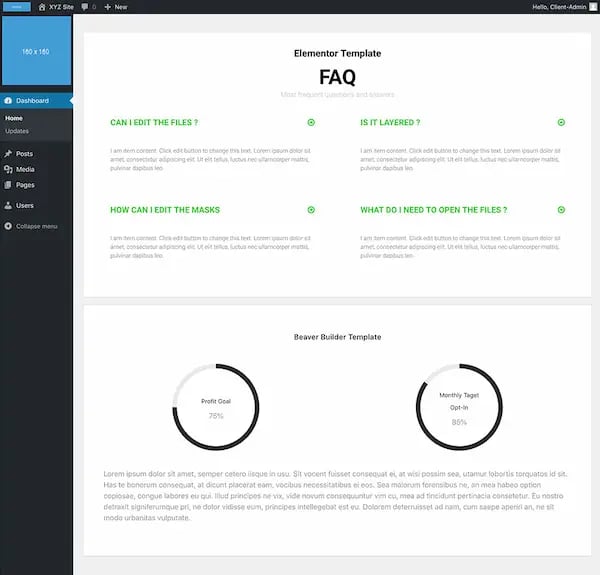 White Label CMS in dashboard view with information on its Elementor integration