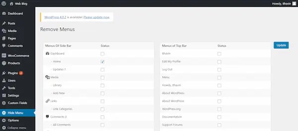 WordPress Hide Admin Menu plugin in user permission management view