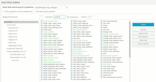 User Role Editor dashboard plugin for WordPress in user permission view