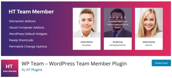 product page for the wordpress team member plugin WP Team