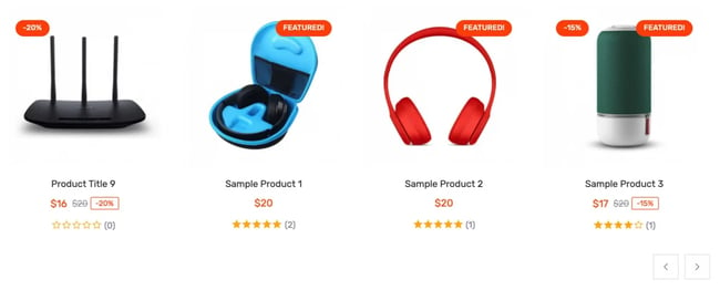 Product slider with badges created with WooCommerce Product Carousel, Slider, & Grid Ultimate