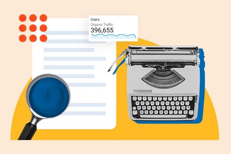 blogging for seo, magnifying glass and typewriter