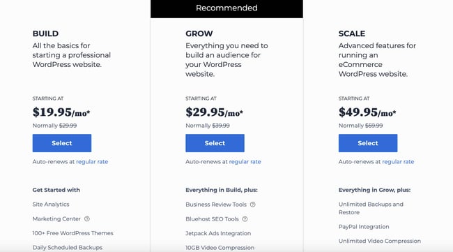 Bluehost vs WordPress: Image shows Bluehost's three different versions of managed hosting options. 