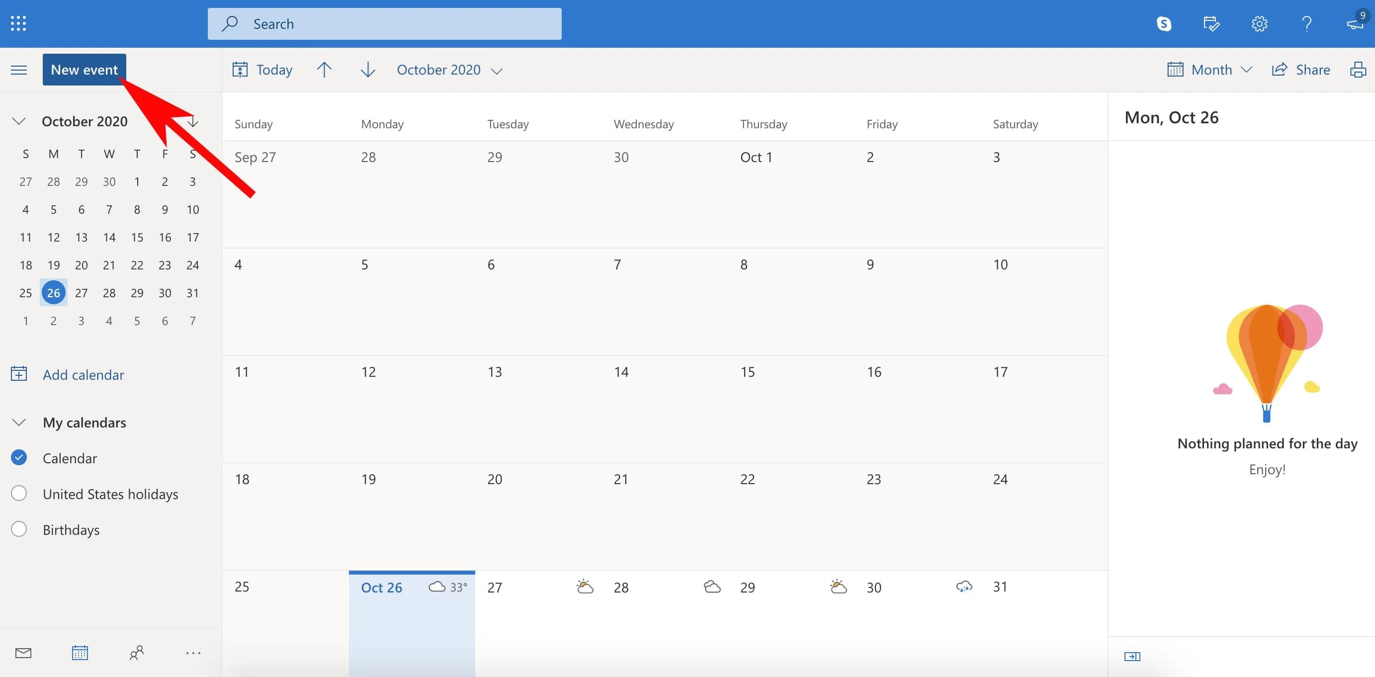 outlook calendar homepage with arrow pointing to new event button